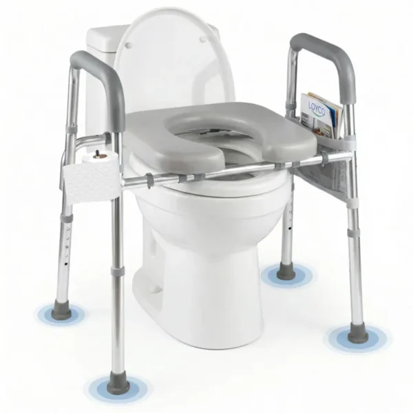 01f1485f-f59b-494d-b105-5f5caa05d30a Adjustable Raised Toilet Seat (25.5"-28" Width X 27"-31" Height), 300LBS Capacity With Armrests & Storage Pouch
