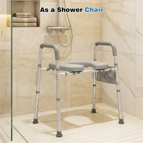 0430dd46-f762-4fa1-b31a-87ecedd64237 Adjustable Raised Toilet Seat (25.5"-28" Width X 27"-31" Height), 300LBS Capacity With Armrests & Storage Pouch