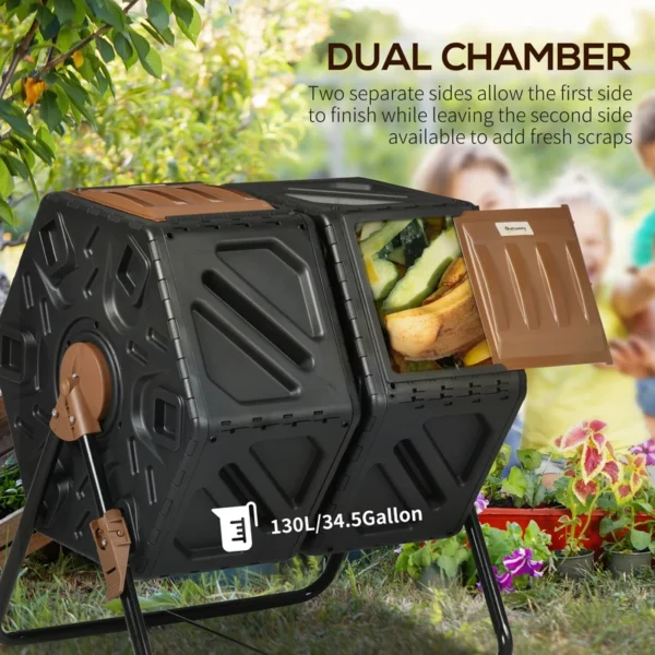 06881cef-91e4-45be-998f-3d33c8d960ec Dual Chamber Compost Tumbler Bin, Outdoor Tumbling Composter with 24 Ventilation Openings and Steel Legs, 34.5 Gallon
