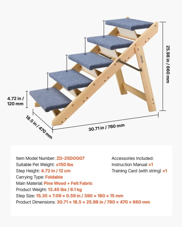 134fae2e-1308-4591-9116-7773000eecc8 Wood Pet Stairs, 5-Step Dog Stairs For Beds, Sofa & Cars, 150lbs Load Capacity, Floded Flat Design, Stable & Sturdy Cat & Dog Step Ladder For Small Medium Large Older Pet Puppy Essentials