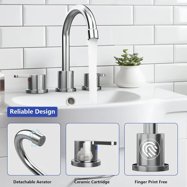 Widespread Bathroom Sink Faucet Chrome 2 Handle 8 Inch 3 Hole 360' Swivel Spout Vanity Sink With Pop Up Drain Assembly-Unable Ship On Weekends, TK And TEMU Only For Pickup