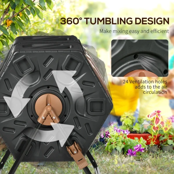 5ddb3954-5f07-45d6-b58b-bc78e8bb7708 Dual Chamber Compost Tumbler Bin, Outdoor Tumbling Composter with 24 Ventilation Openings and Steel Legs, 34.5 Gallon