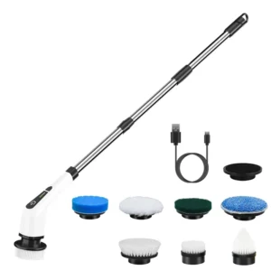 6e918ed7-9ea6-4a09-ab64-faf112b8802e 1Pc Electric Spin Scrubber Cordless Rechargeable Telescopic Cleaning Brush 8 Replaceable Heads 2 Speed Adjustable Extension Arm Bathroom Tub Tile Floor