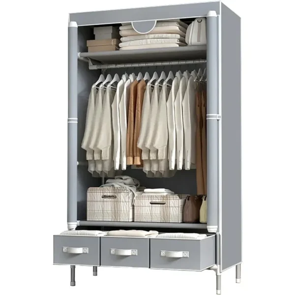 782aeb2d-b57e-4e30-8763-b9ce50b0425a Portable Clothes Closet Rolling Door Wardrobe With Hanging Rack Non-Woven Fabric Storage Organizer With Three Drawer Boxes No-Tool Assembly - 35.4 X 17.7 X 67.0 In Gray