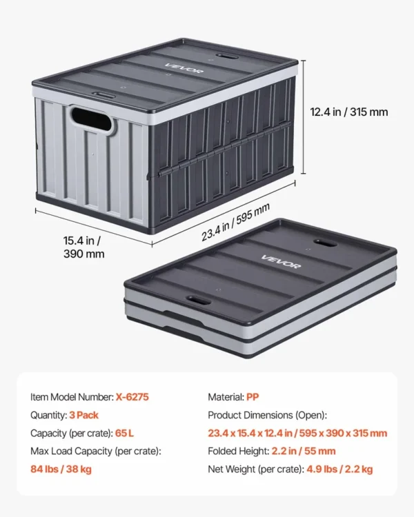 Plastic Collapsible Storage Bins With Lids, 65L 3 Packs, Stackable Folding Storage Crates With Handles, Holds 84 Lbs Per Bin, Heavy Duty Containers, Space-Saving Baskets, For Home Organizing