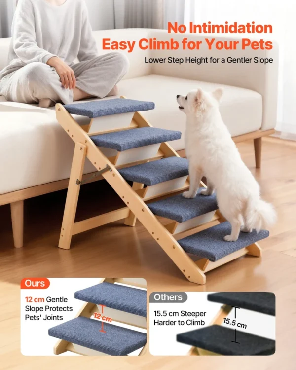 9b8c3e05-54f4-45d6-be03-0ff3d7b71393 Wood Pet Stairs, 5-Step Dog Stairs For Beds, Sofa & Cars, 150lbs Load Capacity, Floded Flat Design, Stable & Sturdy Cat & Dog Step Ladder For Small Medium Large Older Pet Puppy Essentials