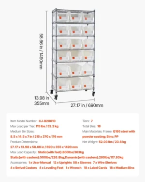 9b8ebac9-0f4a-4203-b596-9a1c3c2563a7 7-Tier Rolling Bin Storage Rack, 18 Organizer Bins, Bin Rack Storage Steel Wire Shelving System With Wheels, Mobile Tool Organizer For Garage, Warehouse, Office, Restaurant, Classroom, Kitchen