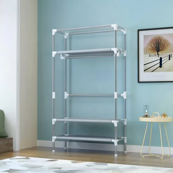 9fd48404-846d-4b69-9c14-321e6d7717d7 Portable Clothes Closet Rolling Door Wardrobe With Hanging Rack Non-Woven Fabric Storage Organizer With Three Drawer Boxes No-Tool Assembly - 35.4 X 17.7 X 67.0 In Gray