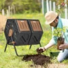 a8221eb2-1317-4127-bcdf-64412d06382a Dual Chamber Compost Tumbler Bin, Outdoor Tumbling Composter with 24 Ventilation Openings and Steel Legs, 34.5 Gallon