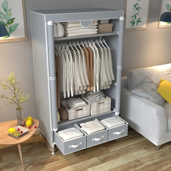 c3c4fbaa-3ea9-4998-ba8d-b0e83ec2bdbd Portable Clothes Closet Rolling Door Wardrobe With Hanging Rack Non-Woven Fabric Storage Organizer With Three Drawer Boxes No-Tool Assembly - 35.4 X 17.7 X 67.0 In Gray