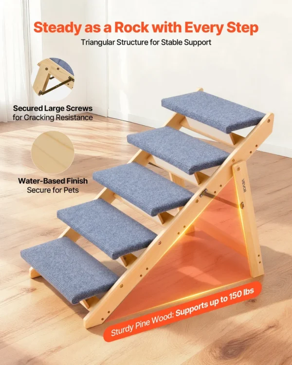 c5d1fb8f-bcbc-45df-9acf-51e9d477bb26 Wood Pet Stairs, 5-Step Dog Stairs For Beds, Sofa & Cars, 150lbs Load Capacity, Floded Flat Design, Stable & Sturdy Cat & Dog Step Ladder For Small Medium Large Older Pet Puppy Essentials