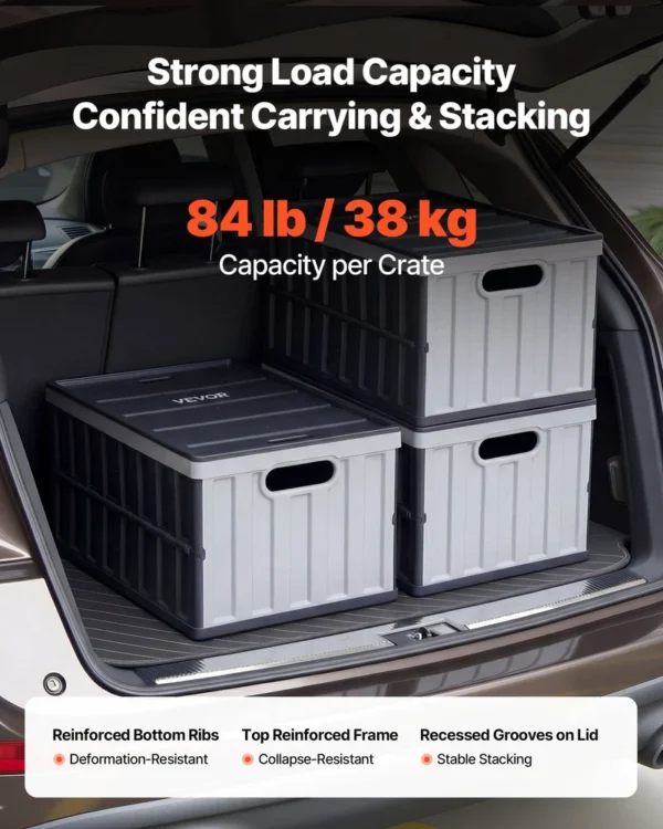 Plastic Collapsible Storage Bins With Lids, 65L 3 Packs, Stackable Folding Storage Crates With Handles, Holds 84 Lbs Per Bin, Heavy Duty Containers, Space-Saving Baskets, For Home Organizing