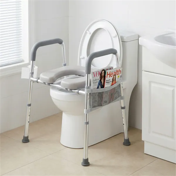 de23366d-cab7-4cc3-8610-75bcd56dd31c Adjustable Raised Toilet Seat (25.5"-28" Width X 27"-31" Height), 300LBS Capacity With Armrests & Storage Pouch