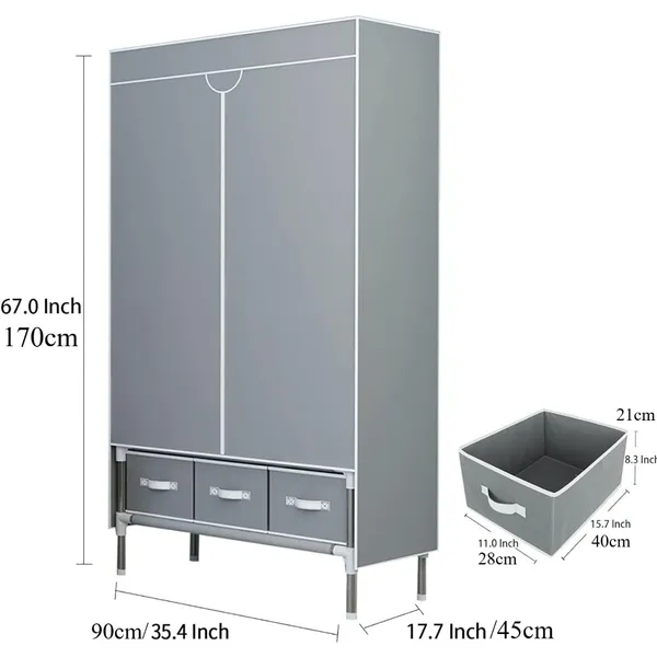 ee808b15-31ee-4548-9a9c-81eb568f6f2e Portable Clothes Closet Rolling Door Wardrobe With Hanging Rack Non-Woven Fabric Storage Organizer With Three Drawer Boxes No-Tool Assembly - 35.4 X 17.7 X 67.0 In Gray