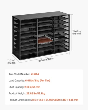 75f29d2f-b393-4150-b37b-e0db1275cb5b 27-Compartment Metal Literature Organizer – Black Office Mailbox Sorter with Detachable Wire Mesh and Wooden Top