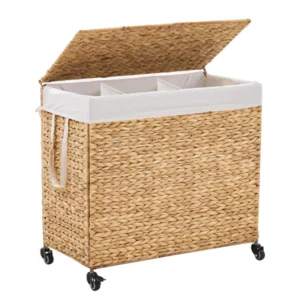 160L 3-Section Woven Laundry Hamper with Lid & Wheels – Natural Water Hyacinth Rolling Laundry Basket