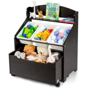 ef296444-9556-4149-99a0-98618a4c2345 Dark Brown Multifunctional Kids Storage Cabinet – Large Capacity Toy Organizer with Display Shelves
